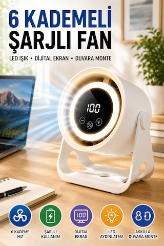 6 Kademeli Şarjlı Masaüstü Fan Dijital Ekranlı Led Işıklı Duvara Monte Askılı Mini Fan K6 Model