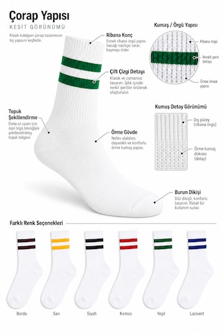 Worthy Socks 6'li Çizgili Unisex Pamuklu Tenis Kolej Çorap Beyaz