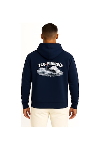 Bahriyeli Collection Kapüşonlu Tcg Pirireis Dalgalar Arası Cep Ve Sırt Baskılı Unisex Sweatshirt Lacivert