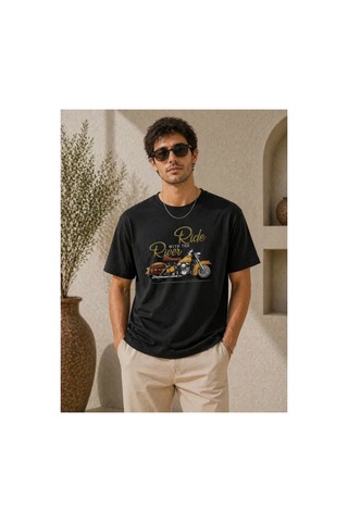 Butik İstanbul Erkek Motosiklet Baskılı Tişört Bisiklet Yaka Kısa Kol Yazlık T-shirt - Siyah