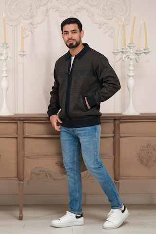 Woolen World Polo Yaka Fermuar Kapamalı Klasik Kesim Astarlı Desenli Çelik Örgü Hırka Kahverengi