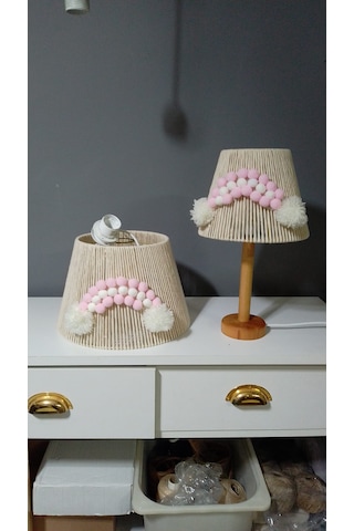 Makrome Avize Çocuk Odası Bebek Odası Abajur Avize Set Ahşap Ayak E27 Duy Ekru