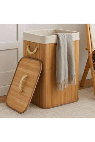 Dekorasyaa Bambu Katlanabilir Kirli Çamaşır Sepeti Dikdörtgen - 40x30x60cm Bambu