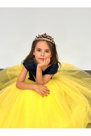 Butikhappykids Pamuk Prenses Kostümü Kasnaklı Düşük Omuz Detaylı Prenses Elbise 3-8 Yaş Taç Hediyeli Sarı