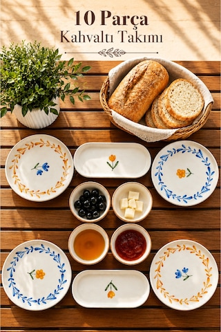 10 Parça 4 Kişilik Vivia Stoneware Kahvaltı Takımı - Özel Desenli Kahvaltılık Servis Sunum Seti Çok Renkli