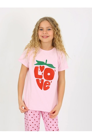 Kız Çocuk Kısa Kollu %100 Pamuklu Pijama Takımı Cute Love Toz Pembe