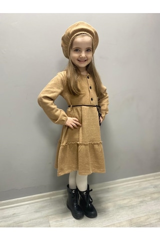 Kaşe Kumaş Şapkalı Kız Çocuk Elbise Mnk0559 001
