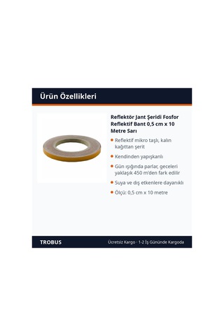 Trobus Reflektör Jant Şeridi Fosfor Reflektif Bant 0,5 Cm X 10 Metre Sarı