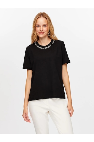 Faik Sönmez Yakası Zincir Şerit Detaylı Yuvarlak Yaka Kadın T-shirt W26tsh062 Siyah