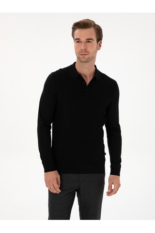 Cacharel Siyah Slim Fit Yün Karışımlı Polo Yaka Triko Kazak