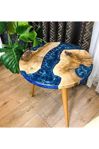 Favdecor Yuvarlak Epoksi Nehir Sehpa, Yuvarlak Reçine Ceviz Sehpa