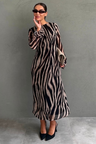 Madmext Bej Zebra Desenli Şifon Midi Elbise Mg2854