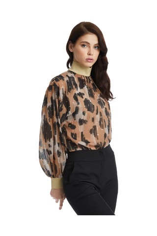 Parlak Detaylı Desenli Balon Kol Bluz Modern Yaka Ve Lastikli Bilek Tasarımıyla Şık Seçim Bej