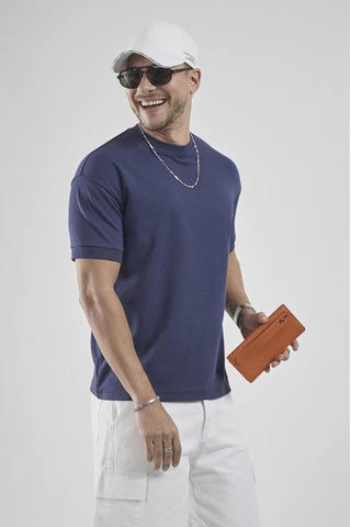 King Brich Slim Fit Kalıp Kolu Ribanalı Basic %100 Pamuklu Tişört Lacivert