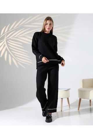 Kontrast Dikişli Kadın Triko Takım Siyah