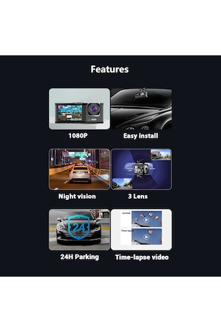 Tenfowee Üç Kameralı Araç Gördürücü - 1080p Ön + İç + Arka Kayıt, Gece Görüşü, Döngüsel Kayıt, Tek Tuş Kilitleme, 2 İnç Ekran, Siyah Dahili Li-pil
