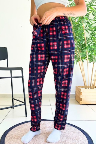 Farya Home Dreamy Soft Kadife Dokulu Ekose Kareli Süet Pijama Altı Pantolon Lacivert
