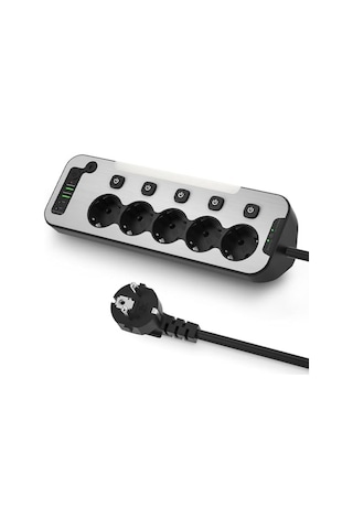 Bağımsız Anahtarlı 5'li Işıklı Akım Korumalı Çoklu Priz 4000w, 2x Usb - 2x Type-c Giriş, Metal Ön Panel Uzat 0