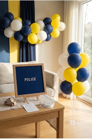 Polis Temalı Doğum Günü Süsleme Deluxe Set Koyu Mavi Keçe Yazı Panosu Standlı Balon Zincirli 7li Şeffaf Balon Standlı Set Çocuk
