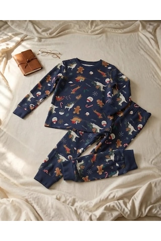 Isobel Kids Unisex Çocuk Lacivert Yılbaşı Desenli Uzun Kollu Pijama Takımı