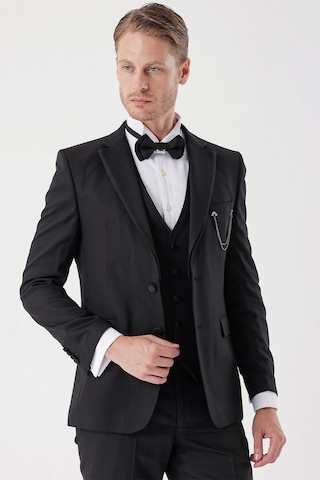 İmza Siyah Desenli Armürlü Çıkarılabilir Mono Yaka Yelekli 6 Drop Slim Fit Smokin Damatlık Takım 1001230202-Siyah