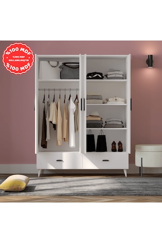 İnci 4 Kapaklı 2 Çekmeceli Gardırop Beyaz %100 Mdf
