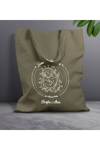 Bk Gift Kişiye Özel İsimli Anneler Günü Tasarımlı Haki Kumaş Bez Çanta, Baskılı Omuz Çantası, Alışveriş Çantası, Anneler Günü Hediyesi, Anneye Hediye-8 Sarı