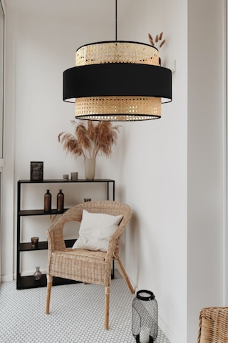 Bohem Trio Metal Kasalı Gerçek Rattan Ve Siyah Kumaş Salon Avize Üç Katlı Pasta Yatak Odası Sarkıt Siyah