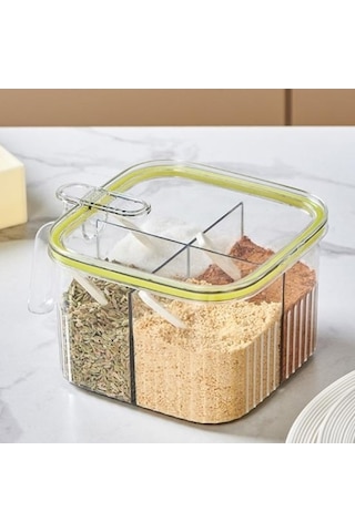 Createtech Yeşil Kutu 4 Bölme Baharat Çeşniler Seti, Pratik Saklama Ve Kaşık Kabı Yeşil