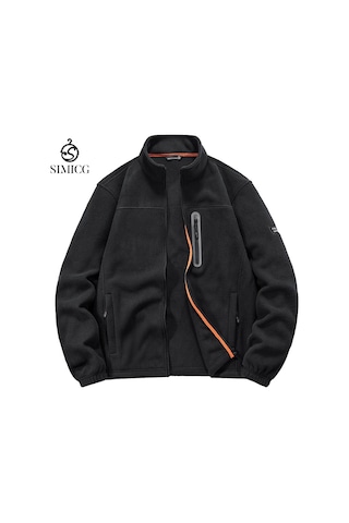 Erkekler İçin Açık Hava Çok Cepli Günlük Dik Yaka Polar Ceket Siyah