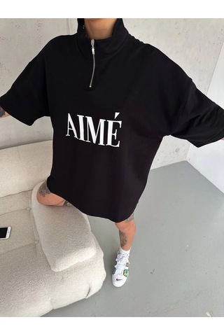 Wear Vexel Kadın Yarım Fermuarlı Tişört Baskılı T-shirt - Siyah Siyah