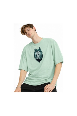 Misa Tahtakale Wolf - Oversize Erkek Tişört Su Yesılı Çok Renkli