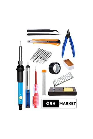 60W Isı Ayarlı Lehim Seti – Havya, Stand, Uç, Lehim Pompası, Cımbız, Bant ve Pasta Dahil