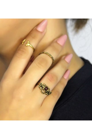 Doğal Taşlı 3'lü Garnet Lal Doğal Taşlı Antik Modelli Kadın Ayarlanabilir Yüzük Seti Euy86 Kırmızı