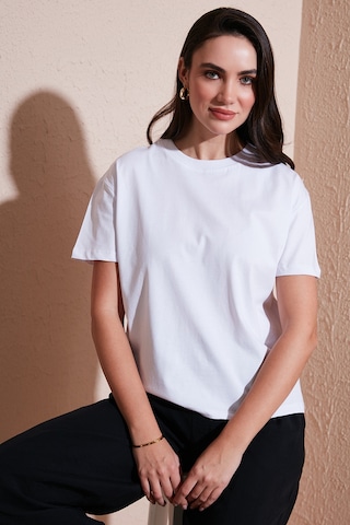 Lela Pamuklu Oversize Fit Bisiklet Yaka Bayan T Shirt 5866097 Ekru