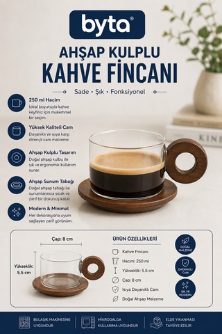 Ahşap Kulplu Cam Kahve Fincanı 250 Ml Ahşap Tabaklı Isıya Dayanıklı Tekli Cam Fincan Şeffaf