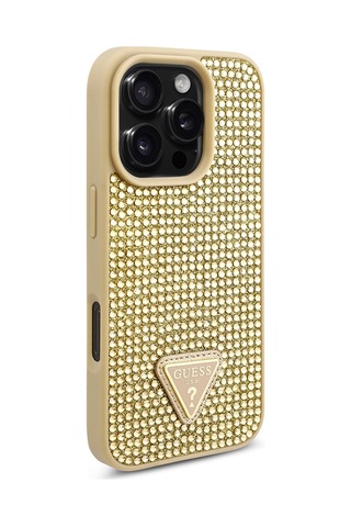 Apple Uyumlu iPhone 16 Pro Max Kılıf Guess Lisanslı Üçgen Logolu Taşlı Kapak Gold