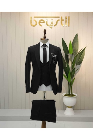 Beystil Sivri Yaka Siyah Takım Elbise Petek04 - Slim Fit Siyah