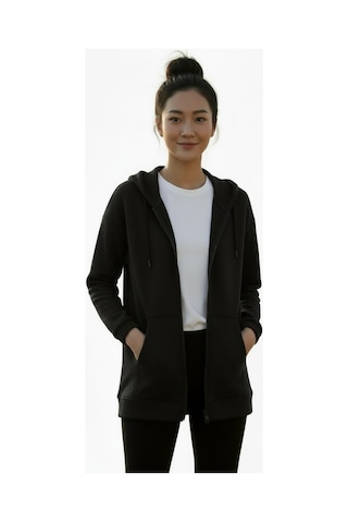 Lyvean Fermuarlı Üç İplik Penye Sweatshirt Siyah