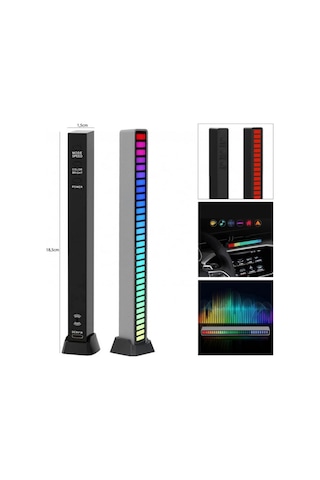 Sese Duyarlı Rgb Led Işık Ritim Işığı 32 Bit Göstergeli Araba/pc/tv/oda/masaüstü Için Renkli Led Işık Şarjlı Ekolayzır Işık Çubuğu Siyah