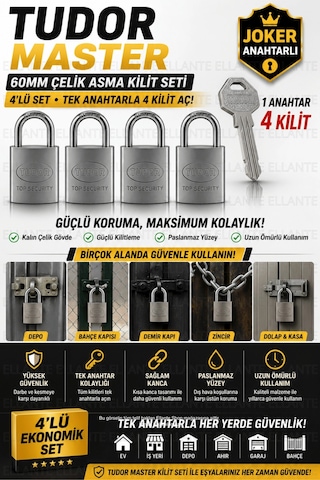 Master 4'lü 60 Mm Joker Anahtarlı Çelik Asma Kilit Seti - Tek Anahtarla 4 Kilit Açılır - Kısa Kancal