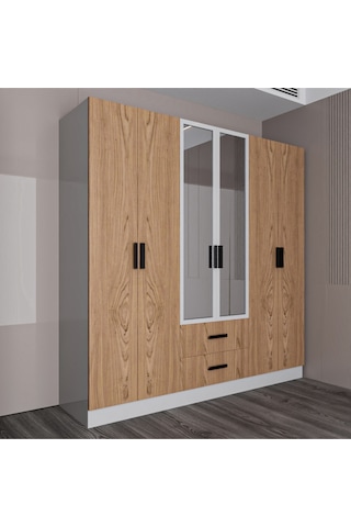 Valeria 6 Kapılı 2 Çekmeceli Gardrop Geniş Dolap & Aynalı Elbise Dolabı Atlantik Çam & Beyaz Atlantik Çam - Beyaz