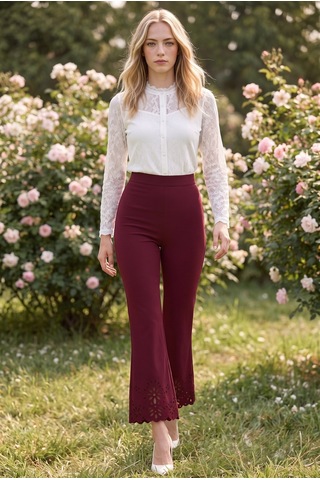 Soulshae Lazer Kesim Detaylı Yüksek Bel Krep Pantolon Bordo