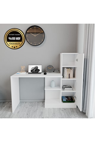 Maysa Çalışma Masası Dolaplı Raflı Kapaklı Mdf Beyaz