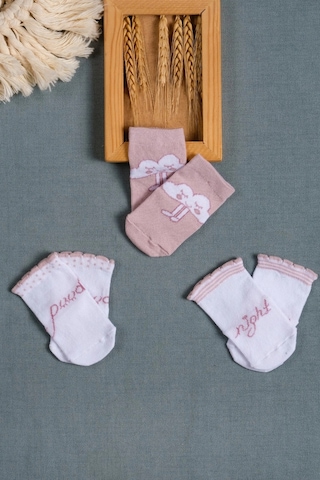 Cocole Socks Kız Bebek Soket Çorabı 3 Lü Set Pamuklu Gül Kurusu İyi Geceler & Bulut Desenli Çok Renkli