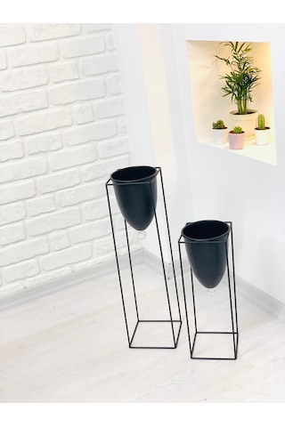 Siyah Renk 2'Li Metal Ayaklı Saksı Çiçeklik (468977530)