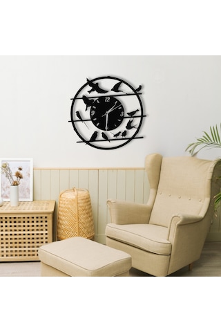 Kuş Figürlü Duvar Saati - 40 Cm Siyah Renk Sessiz Mekanizma Metal Siyah