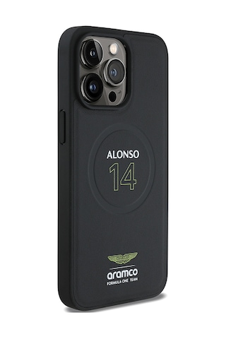 Apple Uyumlu iPhone 15 Pro Max Kılıf Aston Martin Lisanslı Magsafe Pu Deri Alonso 14 Baskılı Kapak Siyah