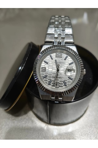 Analog Quartz Makina Metal Erkek Kol Saati Beyaz Kadran Su Geçirmez Altın - Gümüş