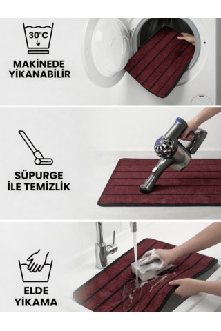 Beylini Şerit Desenli Kapı Önü Paspası Kaymaz Taban Dayanıklı Su Geçirmez Emici Nem Toz Uv Dayanıklı 45x70cm Bordo